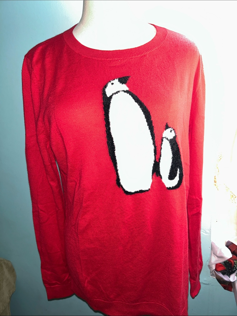Talbots Red Penguin Intarsia Crewneck Sweater - Women